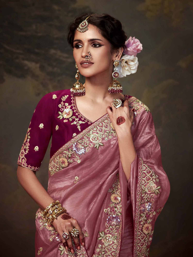 Rose Designer Tissue Organza Saree In Coral Pink