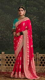 RED BANARASI DOLA SILK SAREE WITH GOLDEN ZARI WORK - Kimora.in