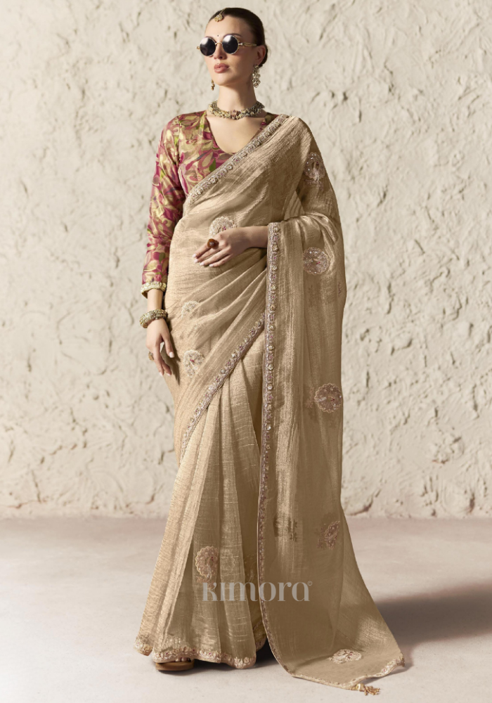 Off-White Gold Organza Silk Saree with Peacock Motif Embroidery, Zari Resham and Sequin Lace Detailing, Designer Wedding and Grand Celebration Wear