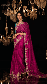 REGAL RED HAND-EMBROIDERED SAREE WITH TEAL BLOUSE - Kimora.in