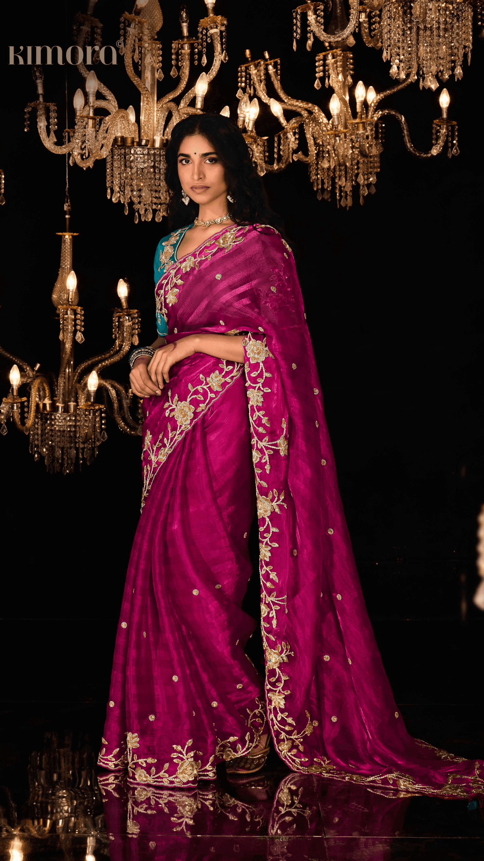 REGAL RED HAND-EMBROIDERED SAREE WITH TEAL BLOUSE - Kimora.in