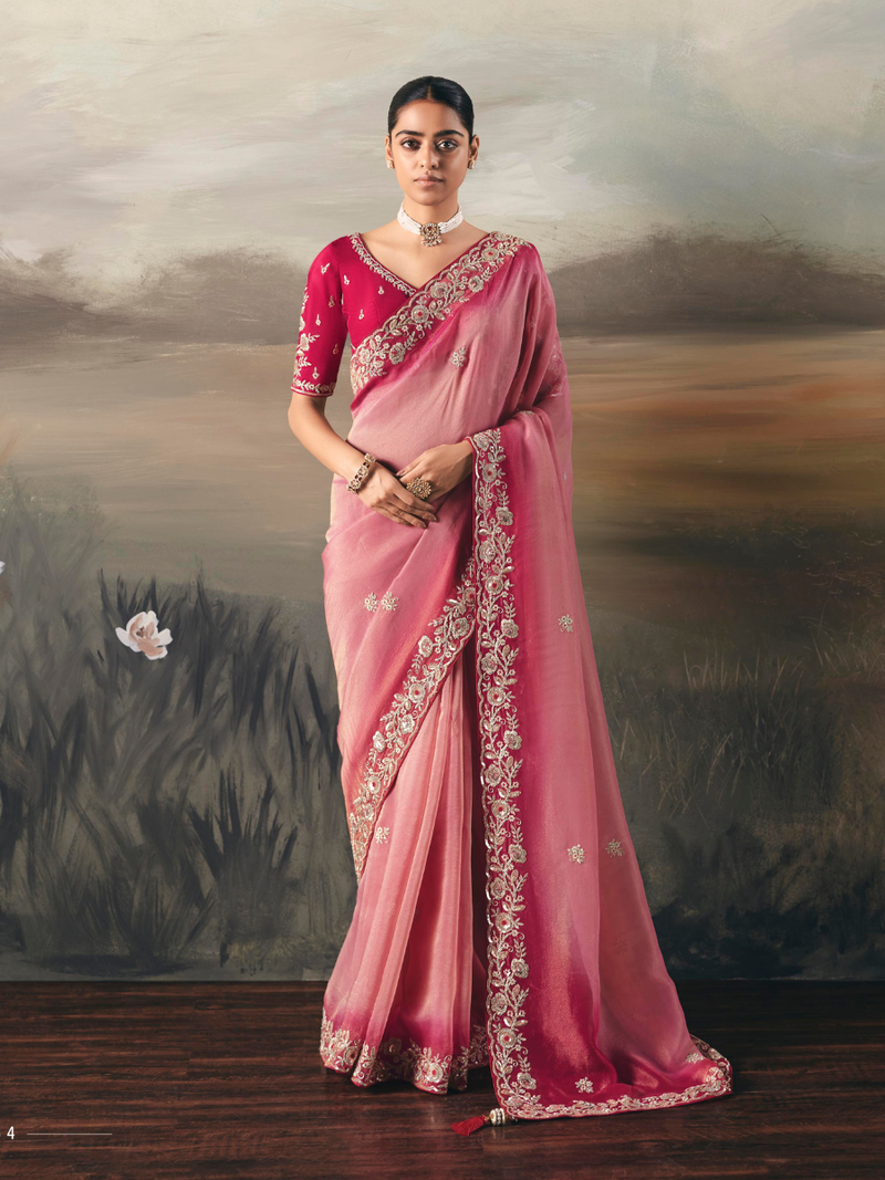 Pink Tissue Silk Saree with Scallop Border, Resham Embroidery, Sequins, Pearls and Mirror Work, Elegant Wedding and Festive Occasion Wear