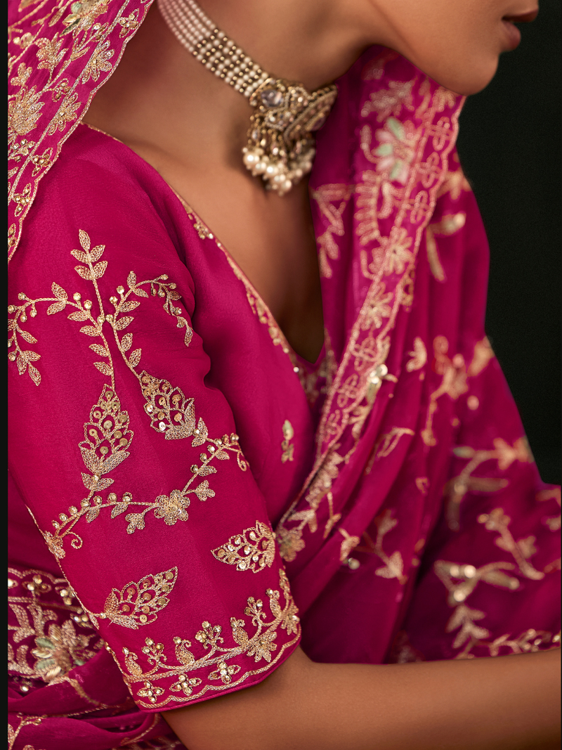 Abha Organza Saree In Rani Pink