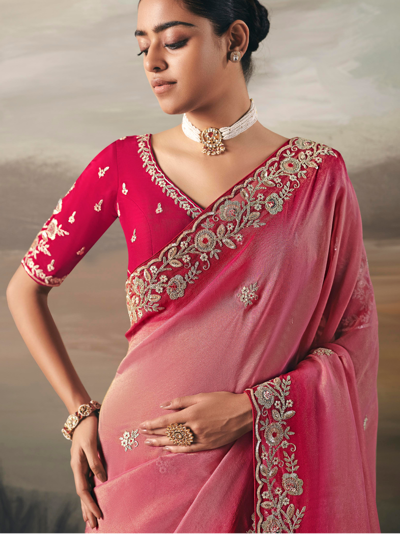 Pink Tissue Silk Saree Close-Up with Scallop Border, Resham Thread Embroidery, Floral Motifs, Pearl and Stone Embellishments