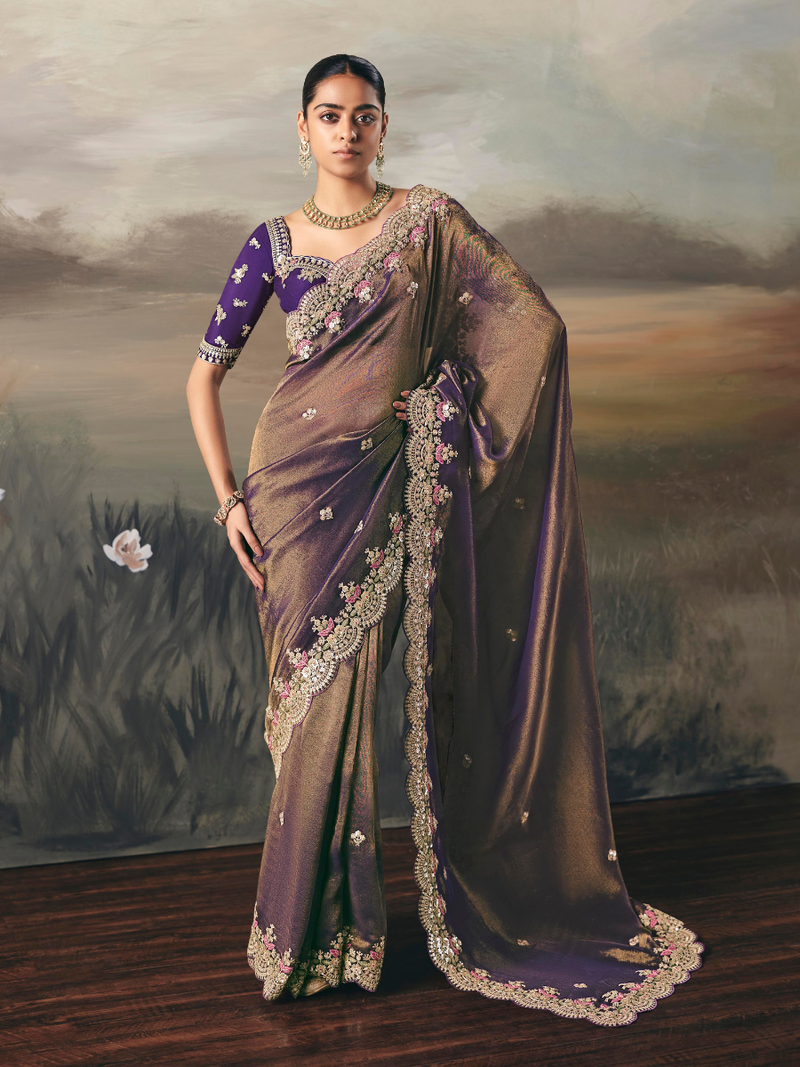 Purple Tissue Saree with Scallop Border, Resham Embroidery, Sequins, Pearls Work, Designer Wedding and Reception Wear