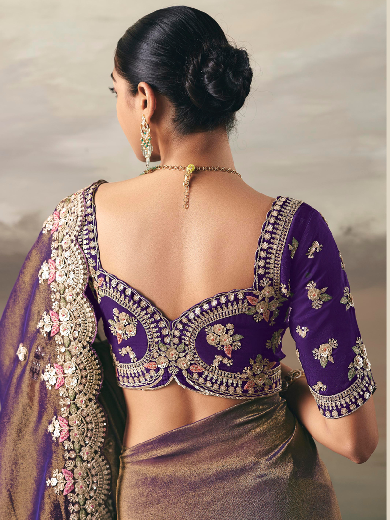 Purple Satin Silk Blouse with Heavy Embroidery, Resham Thread Work, Sequins and Stone Detailing for Wedding and Festive Sarees