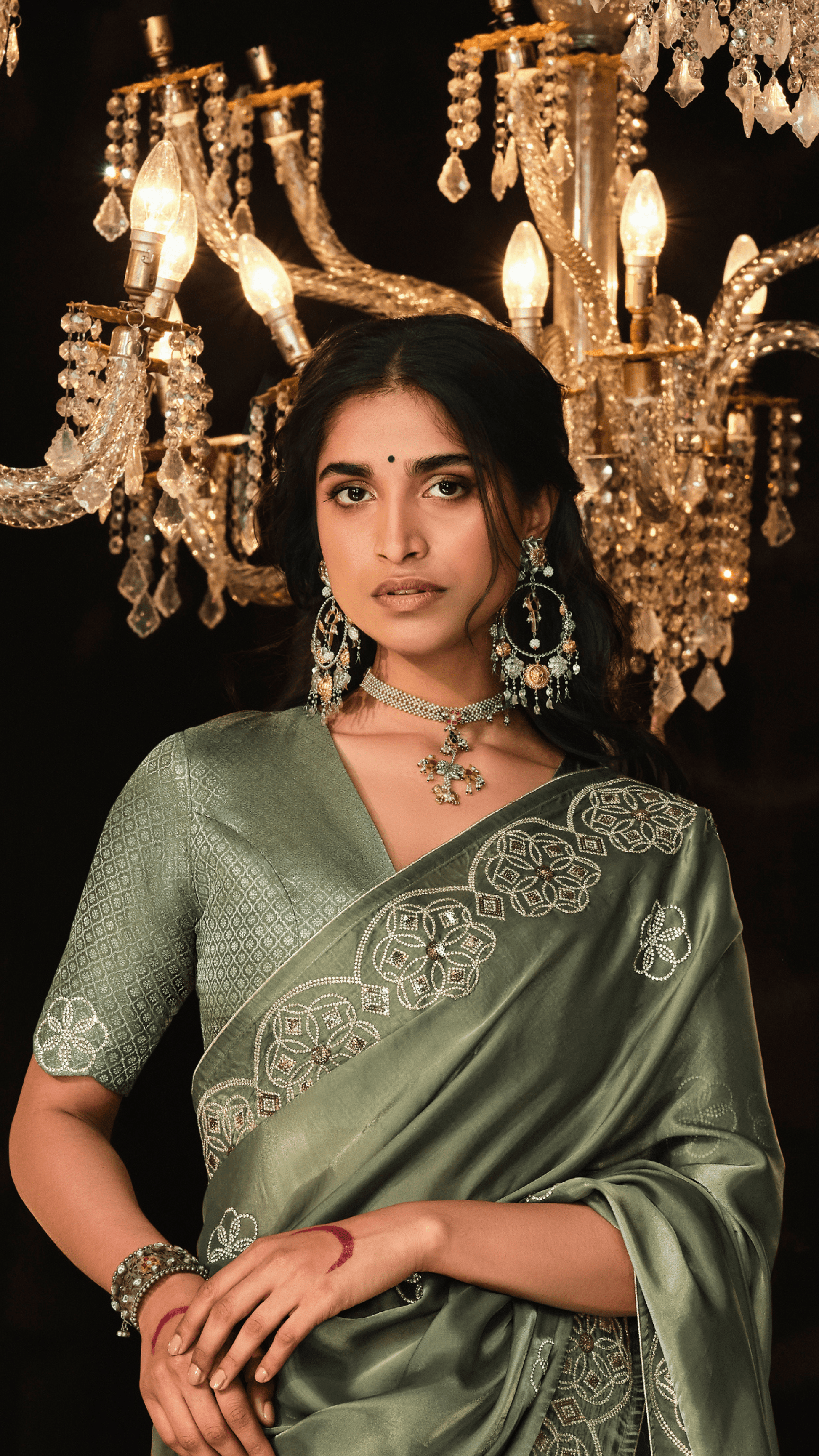 OLIVE GREEN HEAVY EMBROIDERED DESIGNER SILK SAREE - Kimora.in