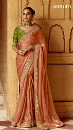 PEACH DESIGNER TISSUE SILK SAREE WITH GREEN BLOUSE - Kimora.in