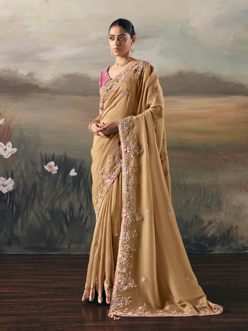 Beige Designer Saree with Intricate Embroidered Border and PalluWith Thread Tassels , Elegant Wedding and Reception Occasion Wear