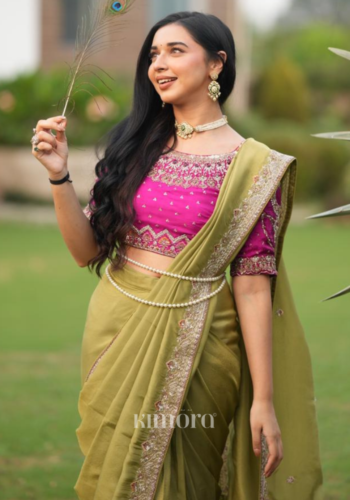 Haritangi Gadwal Tissue Saree Olive Green With Stitched Blouse