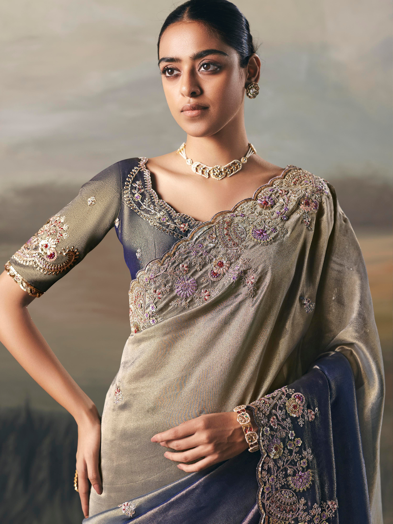 Pencil Grey Shimmer Tissue Saree Close-Up with Scallop Border, Resham Thread Embroidery, Floral Motifs, Mirror Work, Pearl and Stone Embellishments