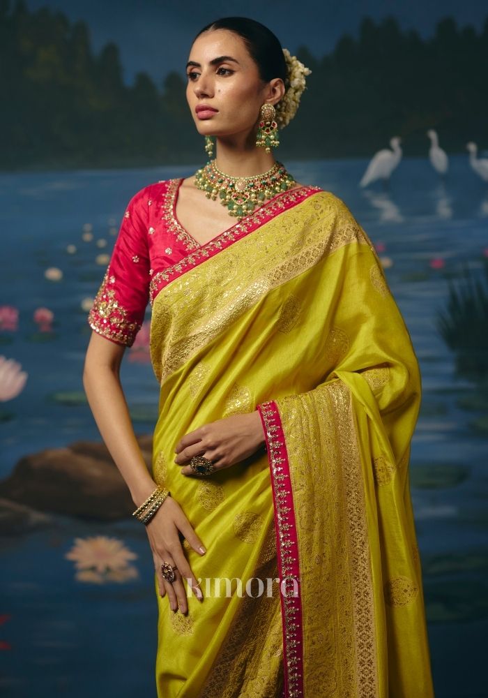 Anvika Weaving Handcrafted Saree In Mustard Yellow And Rani Pink
