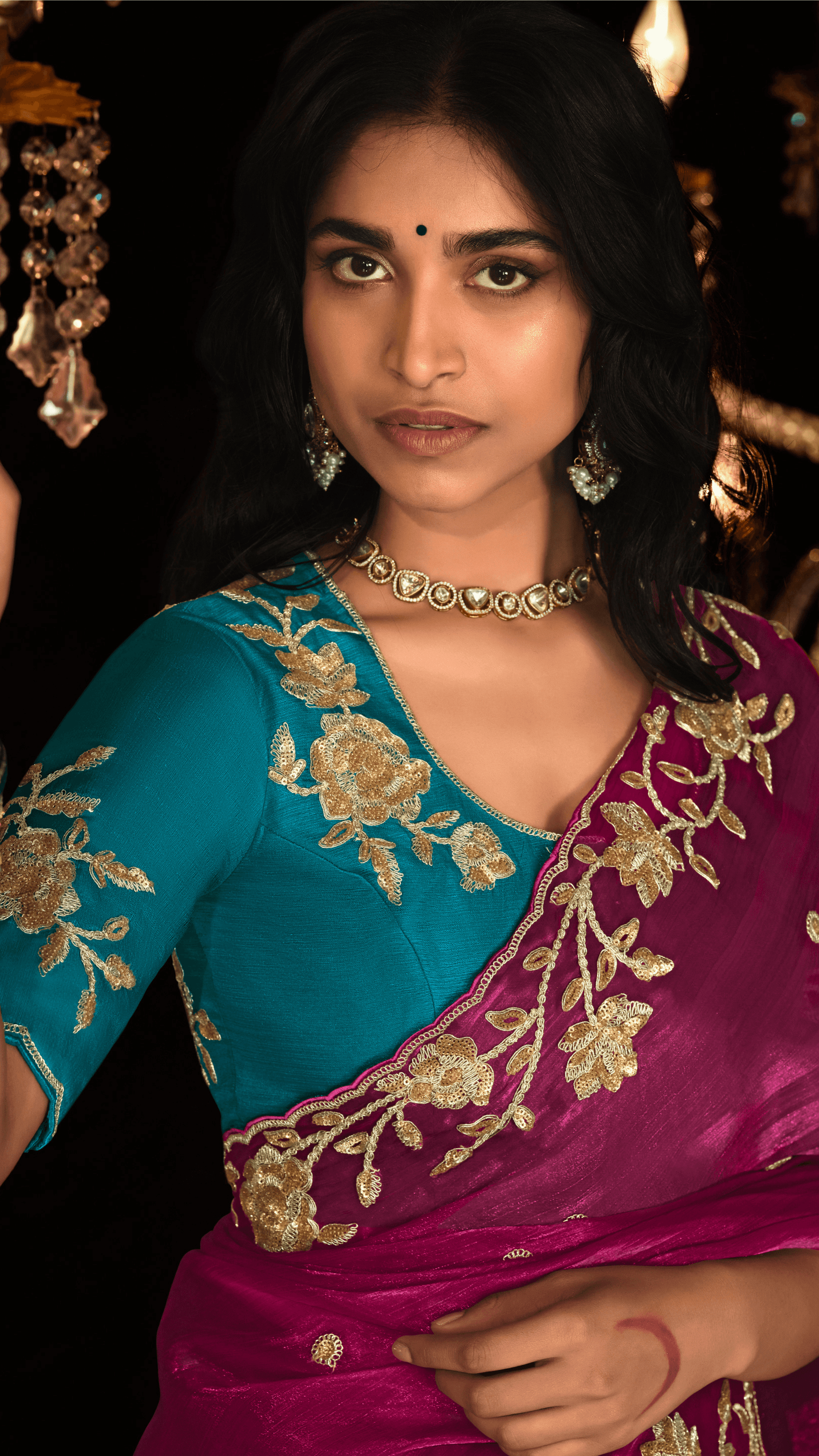 REGAL RED HAND-EMBROIDERED SAREE WITH TEAL BLOUSE - Kimora.in
