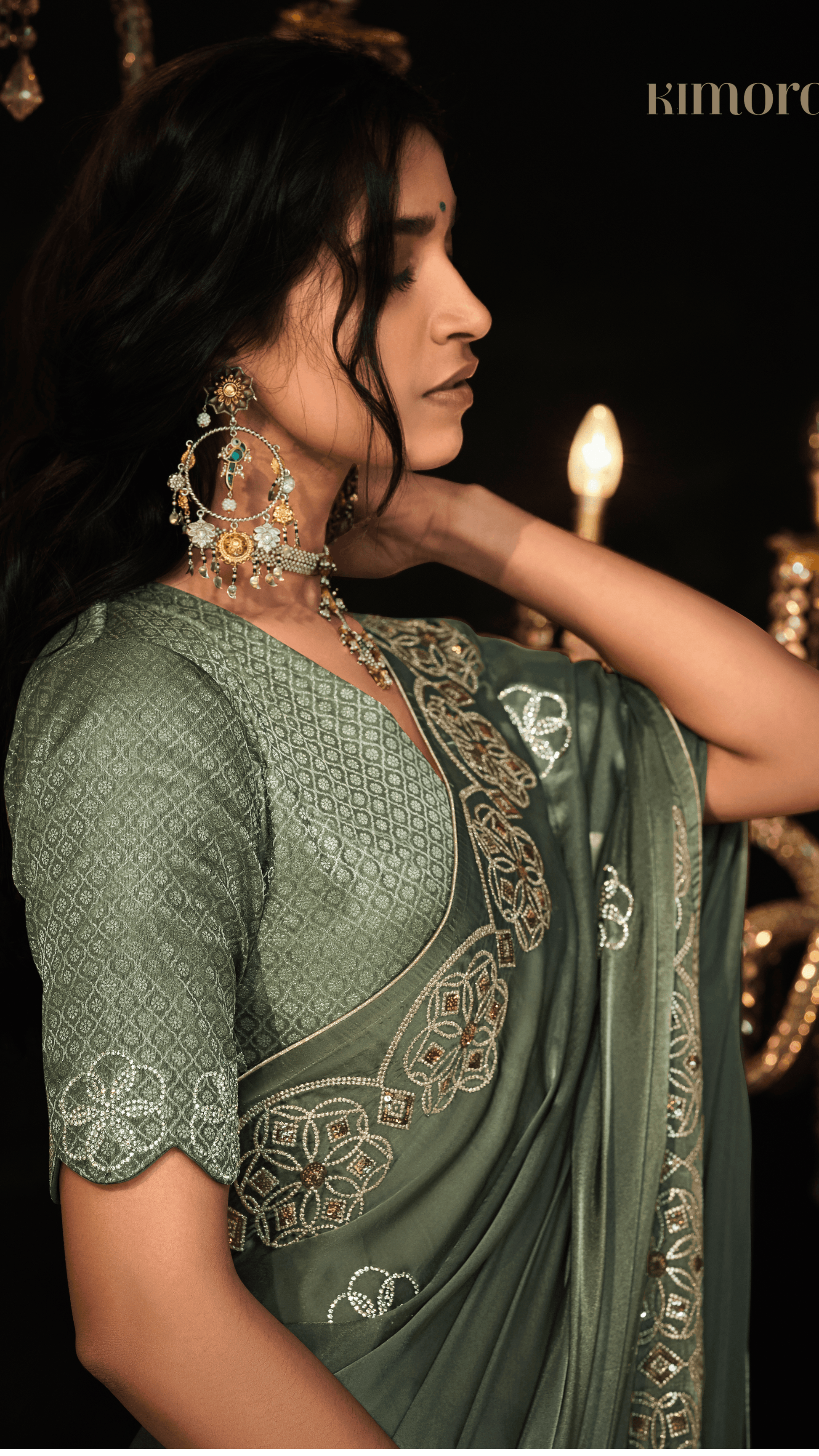 OLIVE GREEN HEAVY EMBROIDERED DESIGNER SILK SAREE - Kimora.in