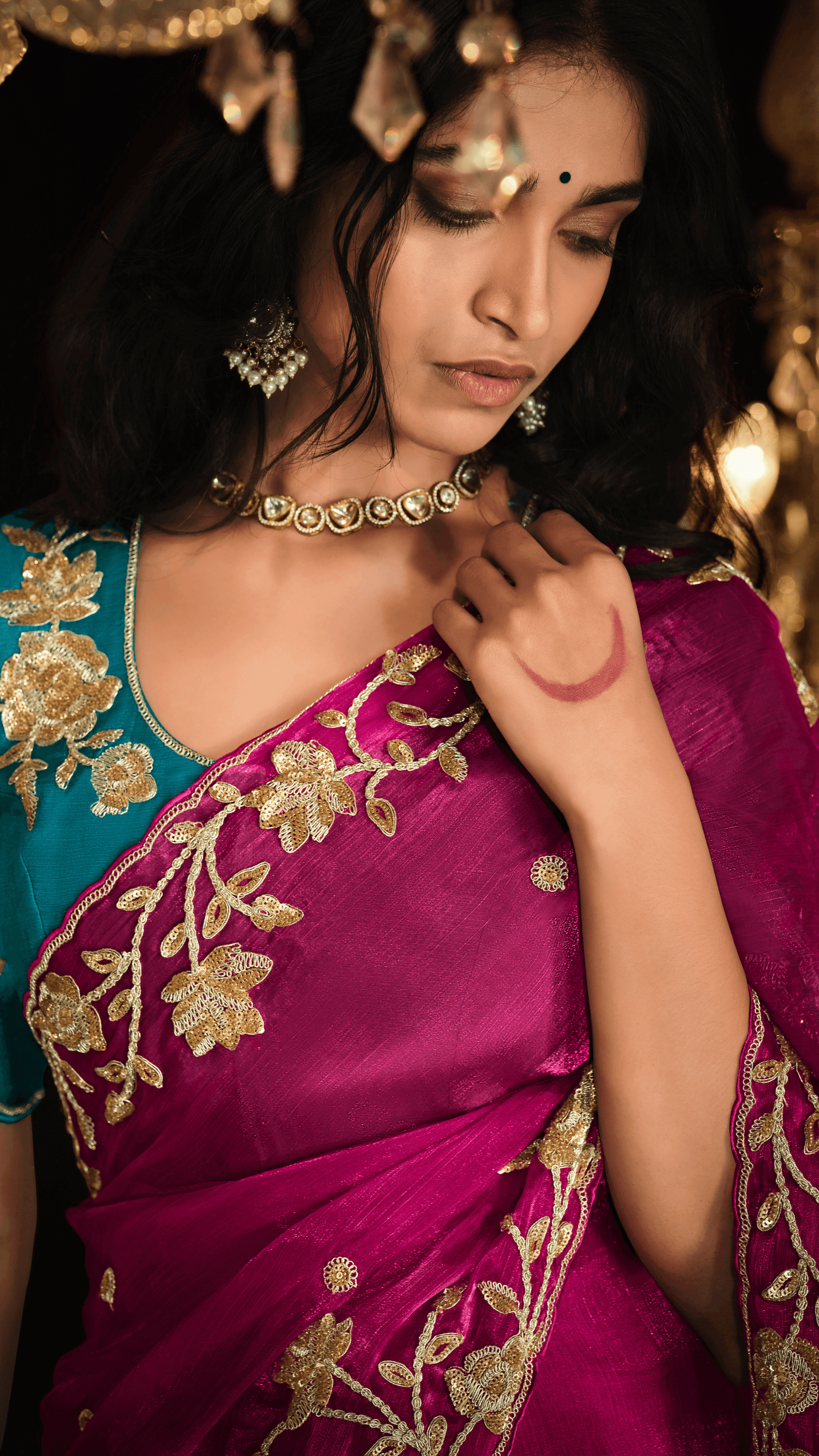 REGAL RED HAND-EMBROIDERED SAREE WITH TEAL BLOUSE - Kimora.in