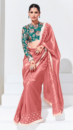 PINK SAREE WITH GREEN FLORAL BLOUSE – A GRACEFUL ETHNIC ENSEMBLE - Kimora.in