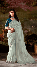 SEA GREEN GLASS TISSUE ORGANZA SAREE - Kimora.in