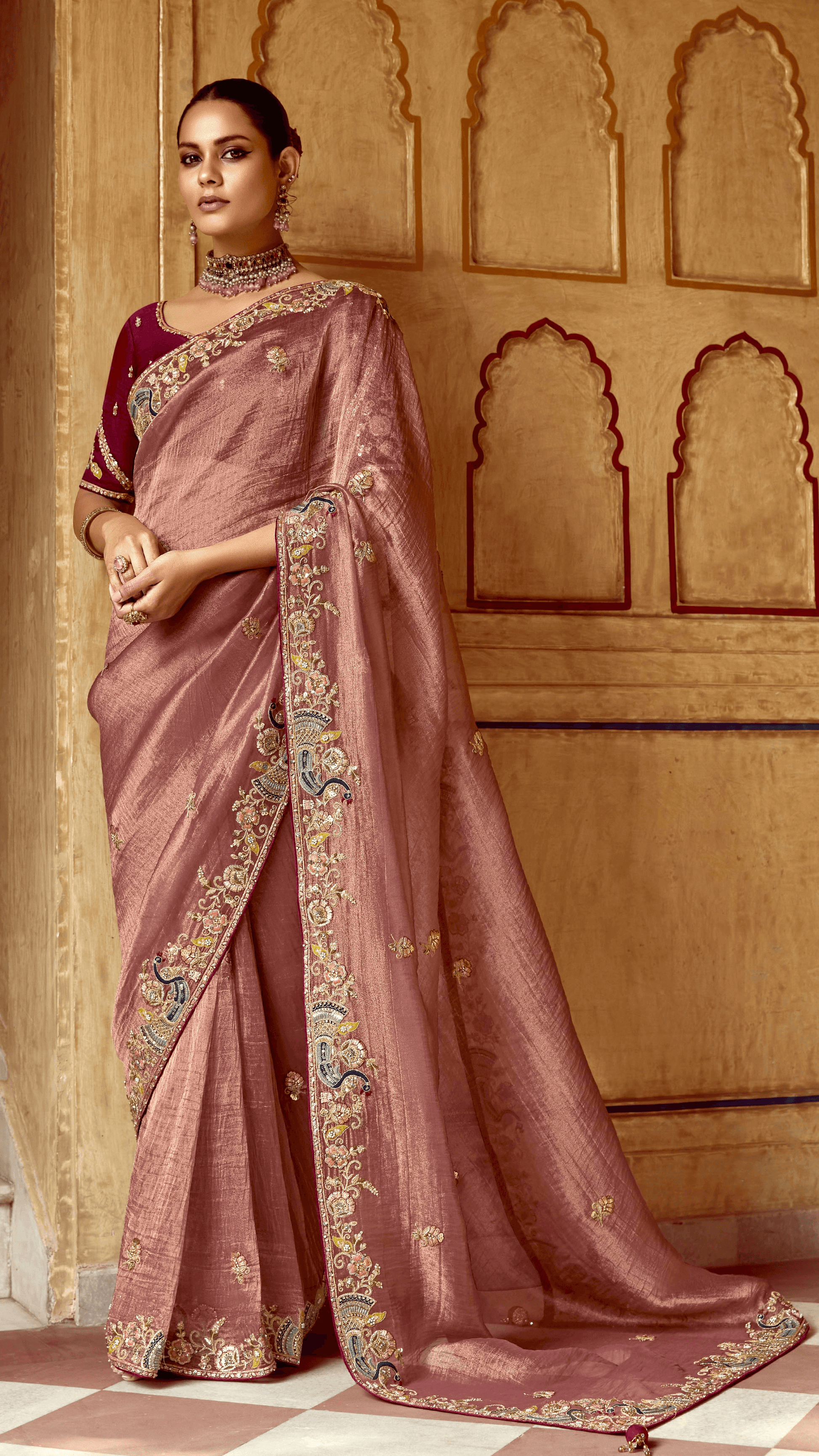 DUSTY ROSE DESIGNER TISSUE SILK SAREE - Kimora.in