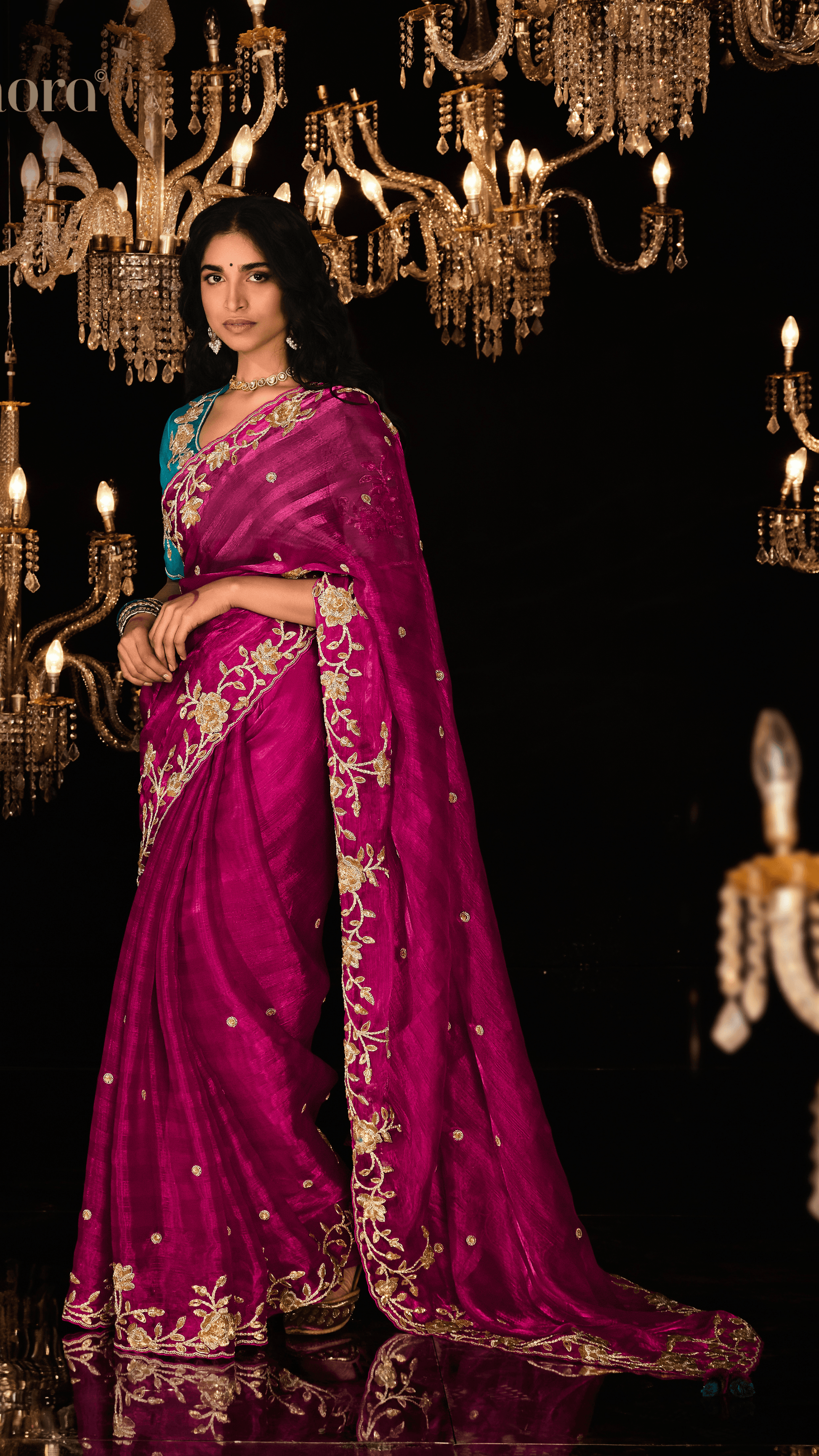 REGAL RED HAND-EMBROIDERED SAREE WITH TEAL BLOUSE - Kimora.in