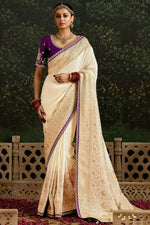 OFF WHITE BANARASI DOLA SILK SAREE WITH GOLDEN ZARI WORK - Kimora.in