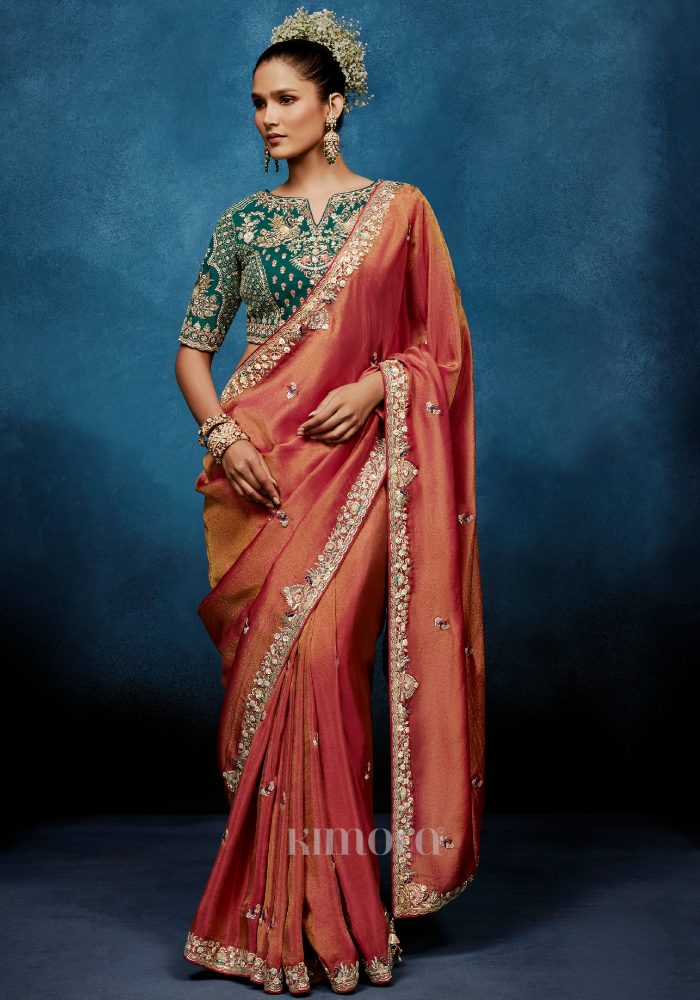 Kesariya Gadwal Tissue Saree Orange Rose