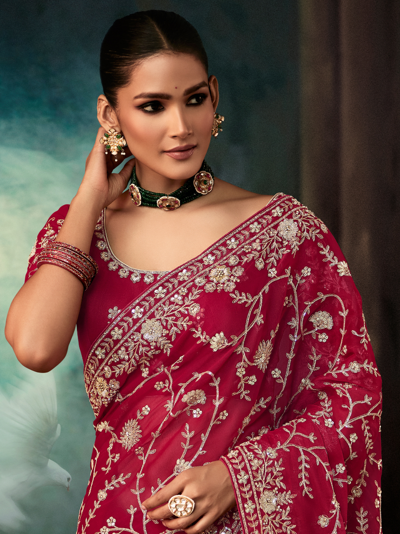 Kumkum Soft Organza Saree in Red