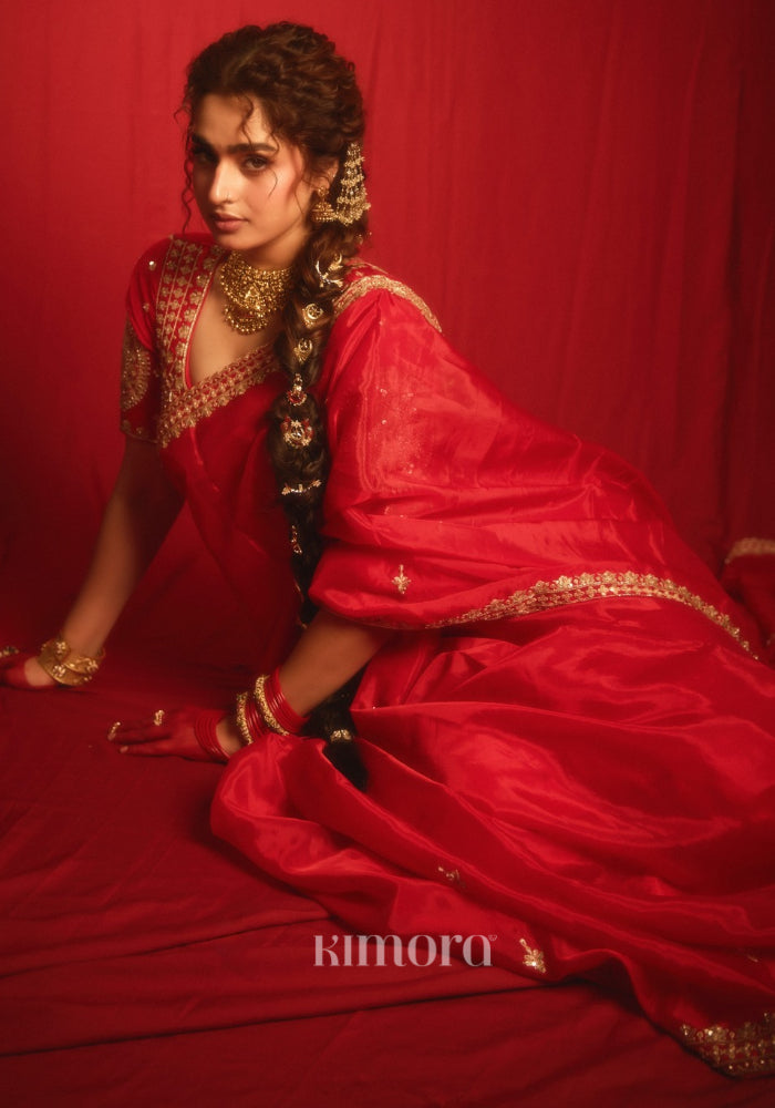 Rosette Heavy Silk Handcrafted Saree in Red