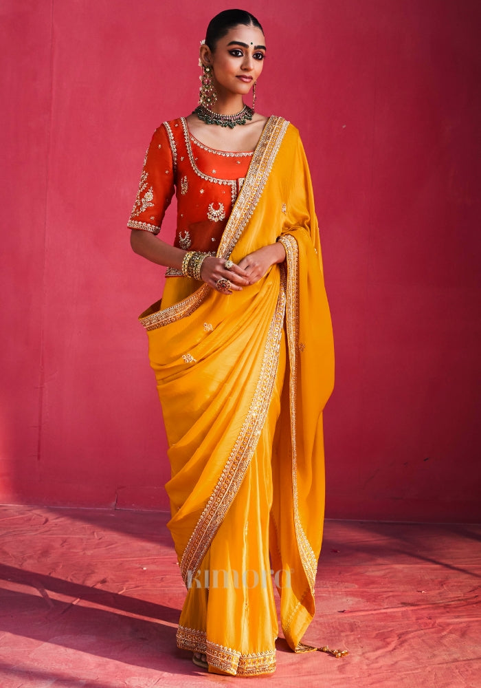 Urwashi Natural Silk Handcrafted Saree in Mustard yellow