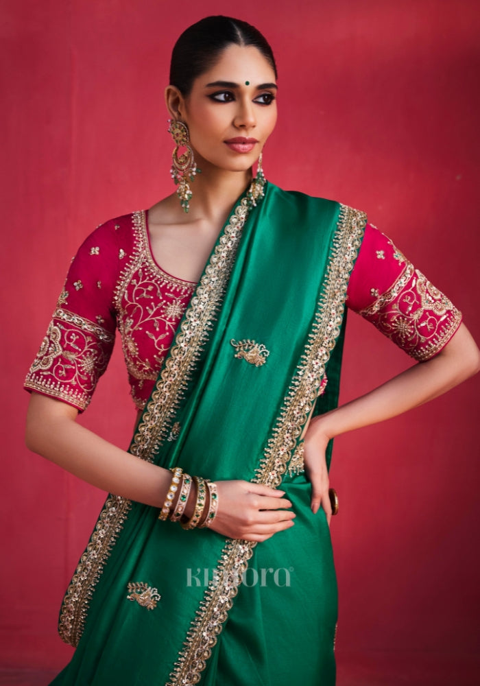 Zeba Chiffon Zari Border Saree in Emerald Green