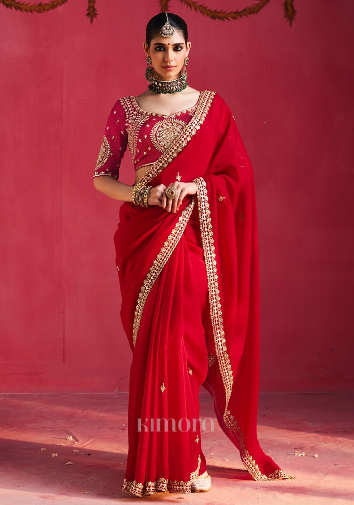 Rosette Heavy Silk Handcrafted Saree in Red