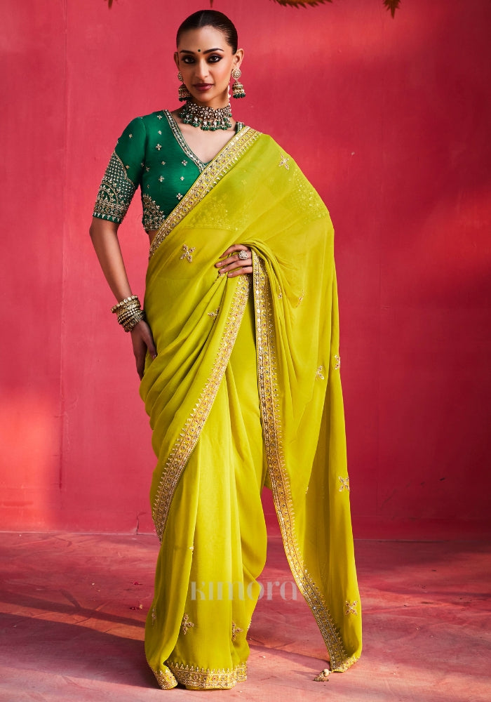 Lavya Pure Organza Khatli Border Saree in Lime Green