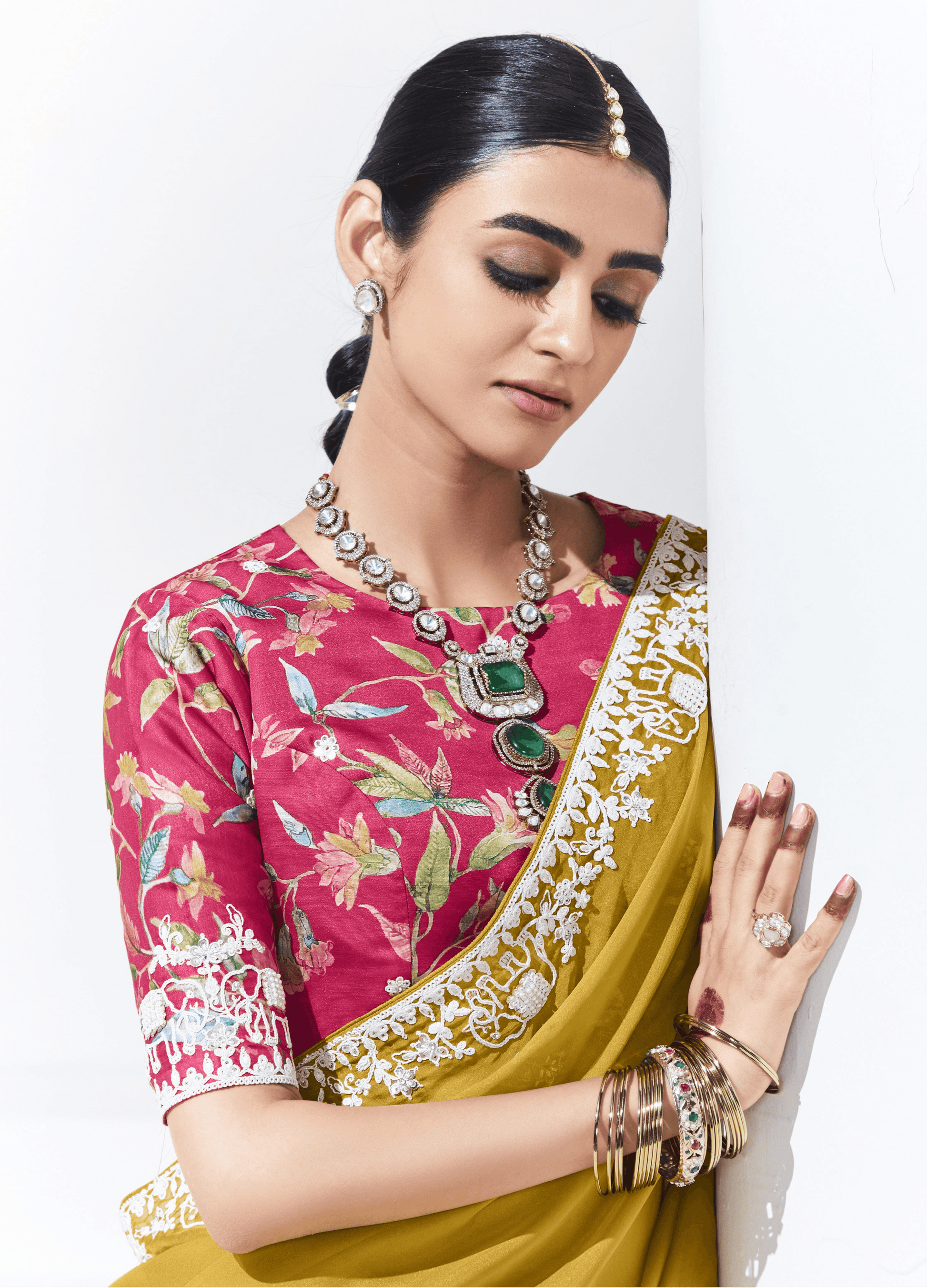 MUSTARD YELLOW SAREE WITH FLORAL BLOUSE – A PERFECT BLEND OF TRADITION & STYLE - Kimora.in