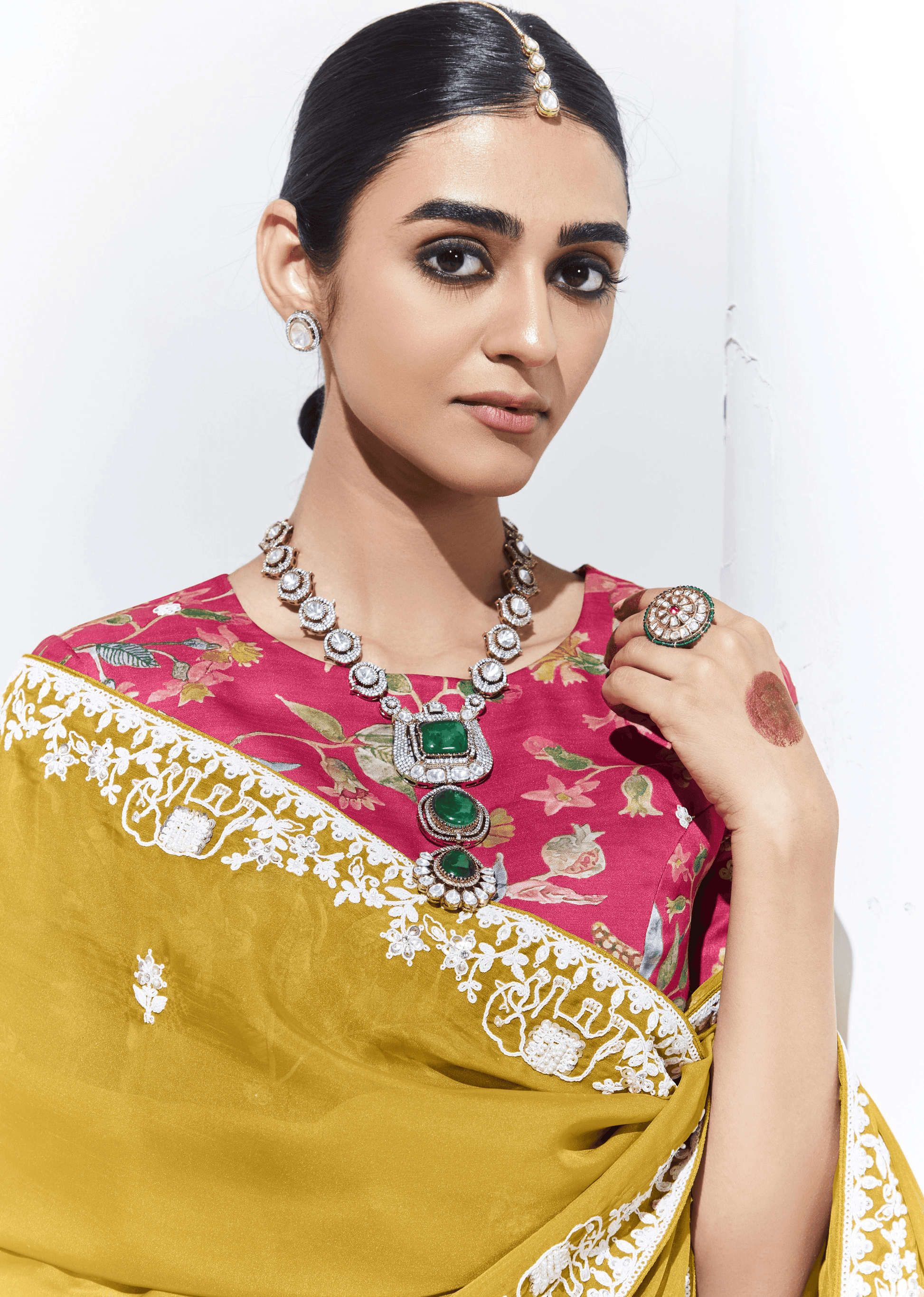 MUSTARD YELLOW SAREE WITH FLORAL BLOUSE – A PERFECT BLEND OF TRADITION & STYLE - Kimora.in