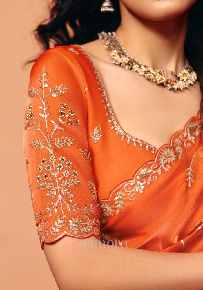 Orange Blouse with Embellished Stone Work and Zari Sequin Detailing, Designer Blouse for Festive and Wedding Sarees