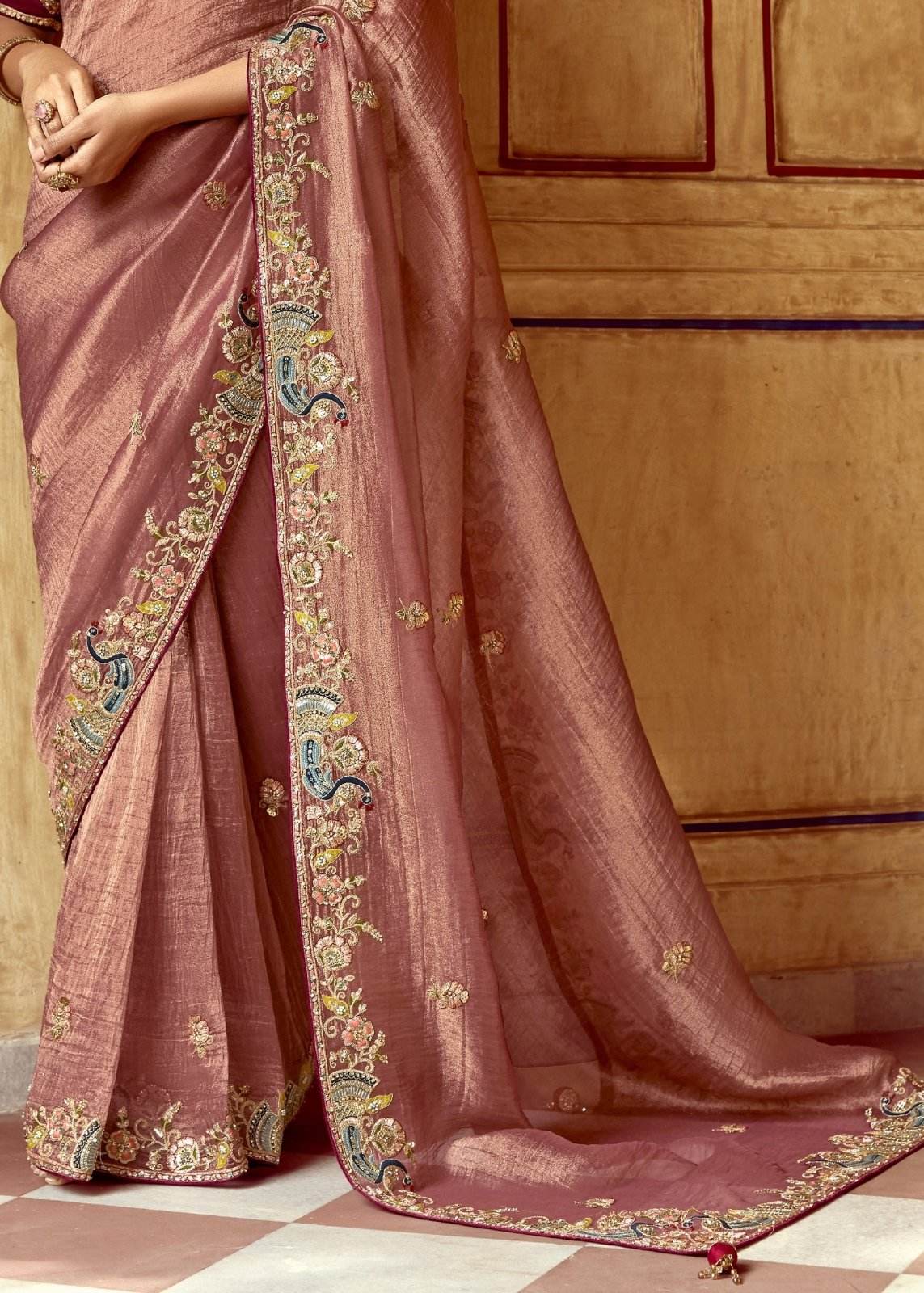 DUSTY ROSE DESIGNER TISSUE SILK SAREE - Kimora.in