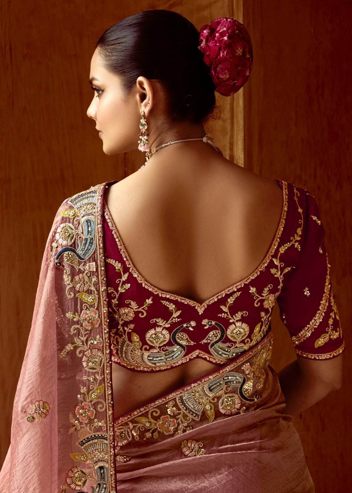 DUSTY ROSE DESIGNER TISSUE SILK SAREE - Kimora.in