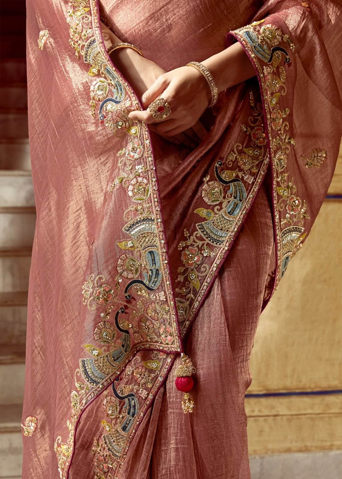 DUSTY ROSE DESIGNER TISSUE SILK SAREE - Kimora.in