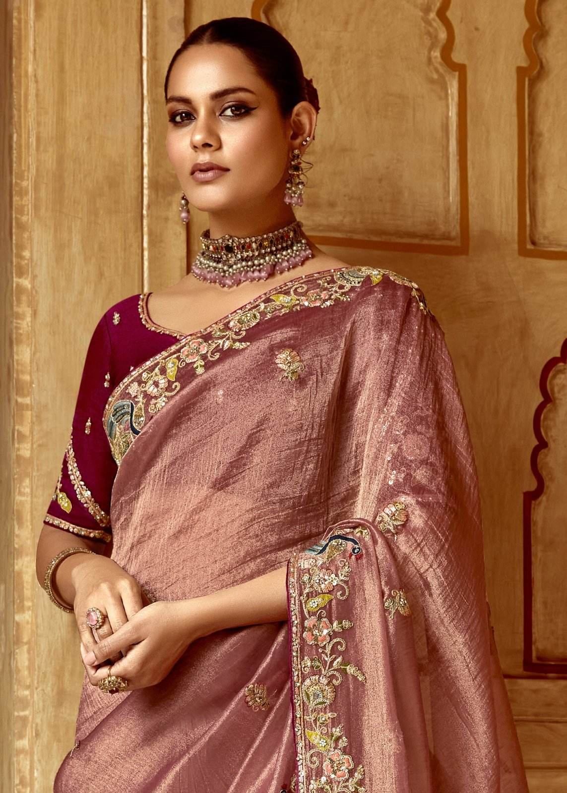DUSTY ROSE DESIGNER TISSUE SILK SAREE - Kimora.in