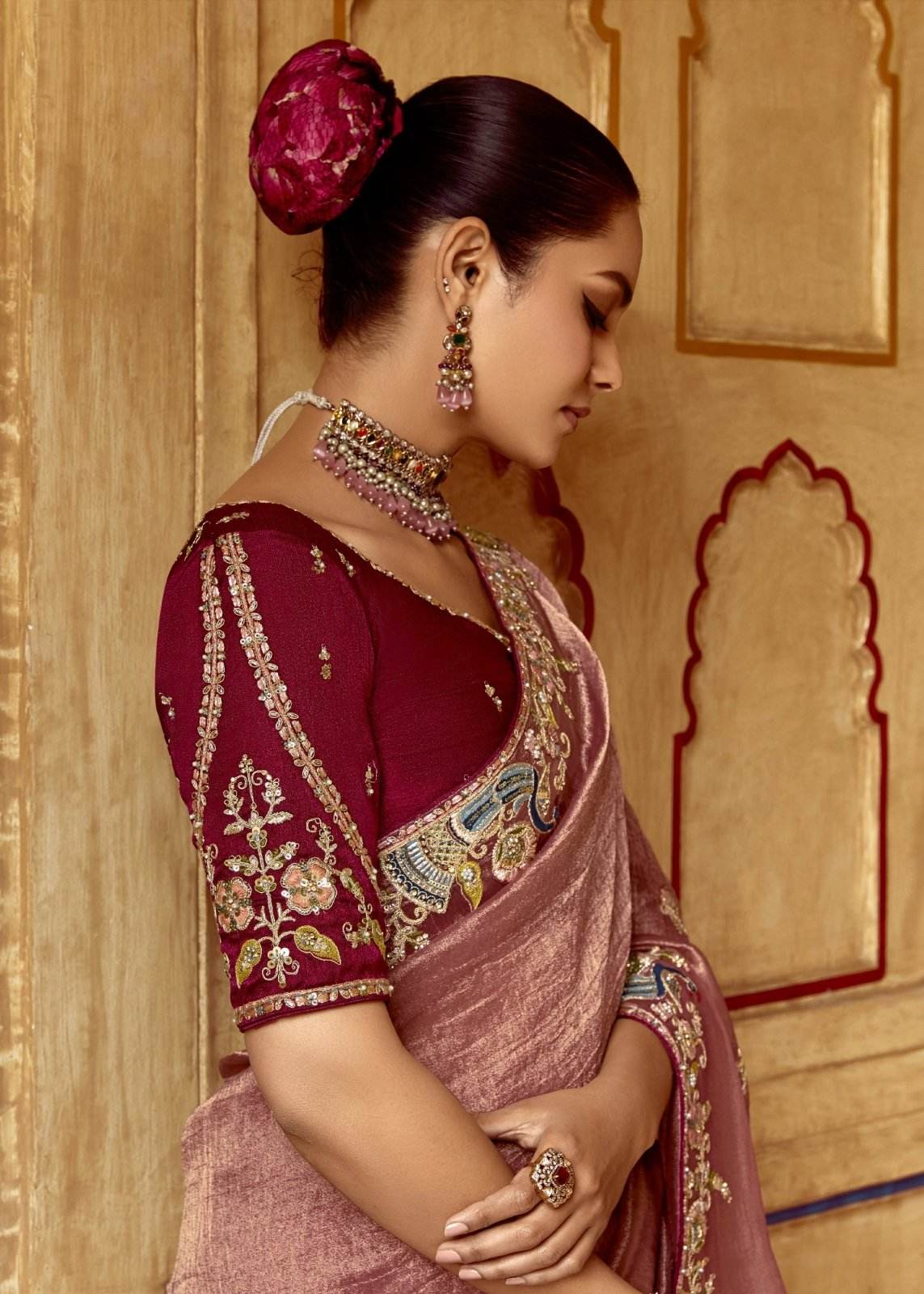 DUSTY ROSE DESIGNER TISSUE SILK SAREE - Kimora.in