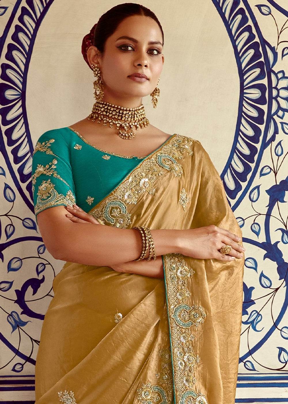 GOLDEN DESIGNER SILK SAREE WITH RICH ZARI EMBROIDERY - Kimora.in
