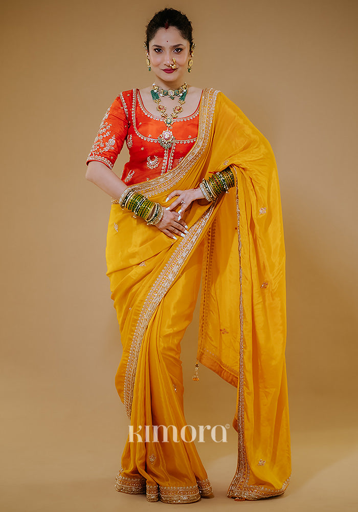 Urwashi Natural Silk Handcrafted Saree in Mustard yellow