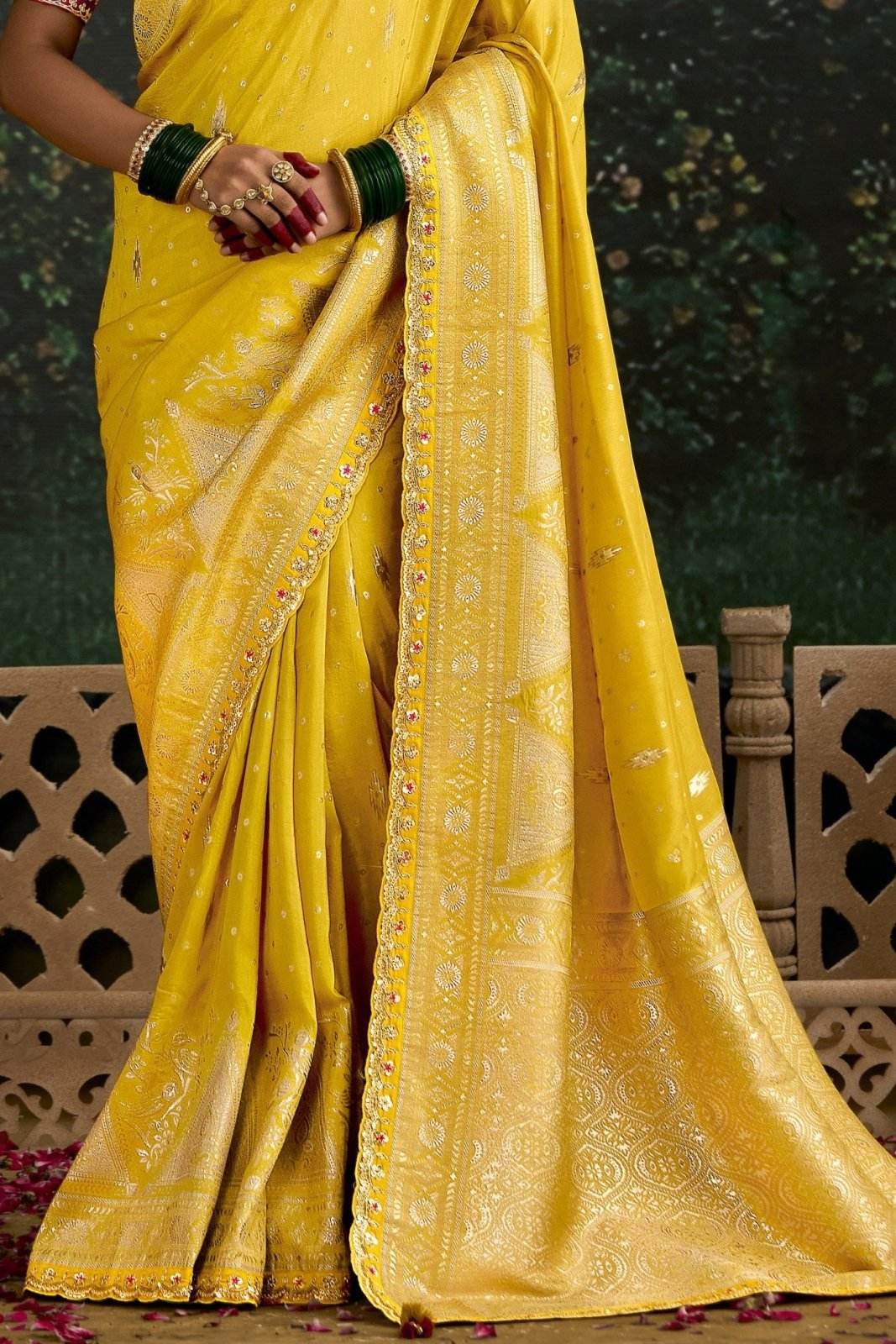 MUSTARD YELLOW BANARASI DOLA SILK SAREE - Kimora.in