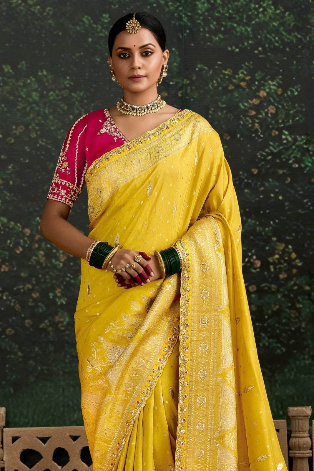 MUSTARD YELLOW BANARASI DOLA SILK SAREE - Kimora.in