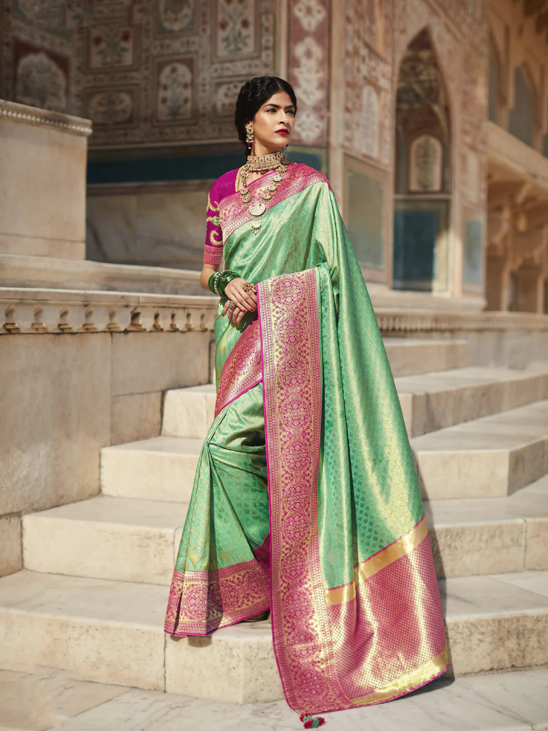 Kimora Pista Green And Pink Pure Silk Saree With Zari Brocade Work – Kimora  Fashion Pvt Ltd