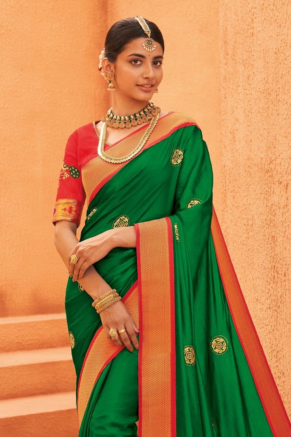 Green/Red Pan India Green saree with red border silk saree at Rs