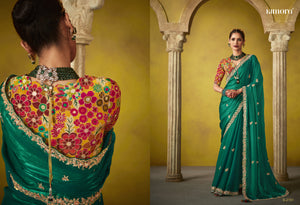 Emerald Green Saree with a Vibrant Floral Embroidered Blouse