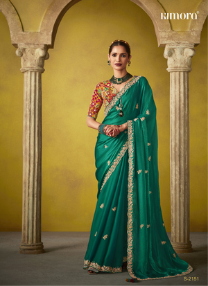 Emerald Green Saree with a Vibrant Floral Embroidered Blouse