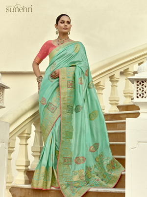 Mint Green Banarasi Silk Saree with Red Blouse