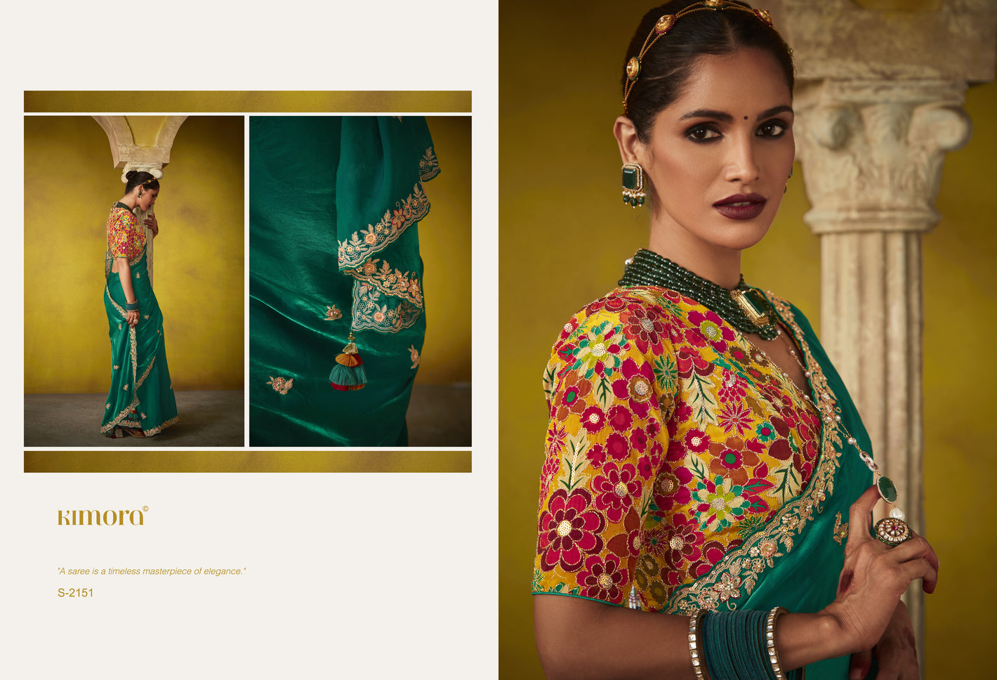 Emerald Green Saree with a Vibrant Floral Embroidered Blouse