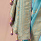 ELEGANT AQUA BLUE DOLA SILK SAREE WITH PURPLE GOLDEN WORK BLOUSE